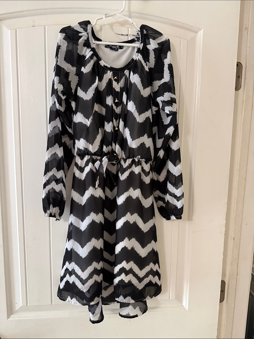 Sequin Hearts Black & White Chevron Tie-Waist Dress